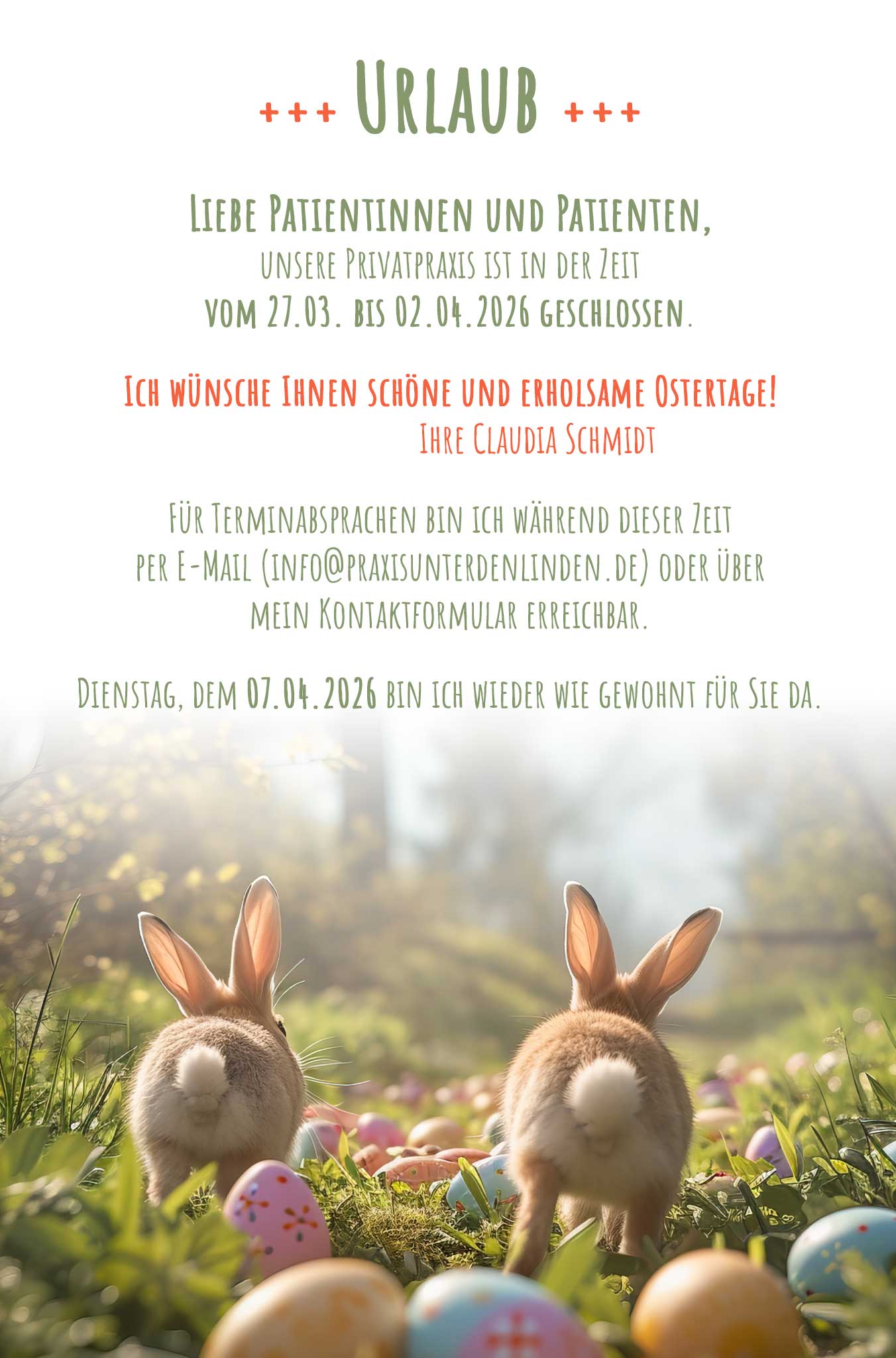 Ich wünsche Ihnen schöne und erholsame Ostertage!